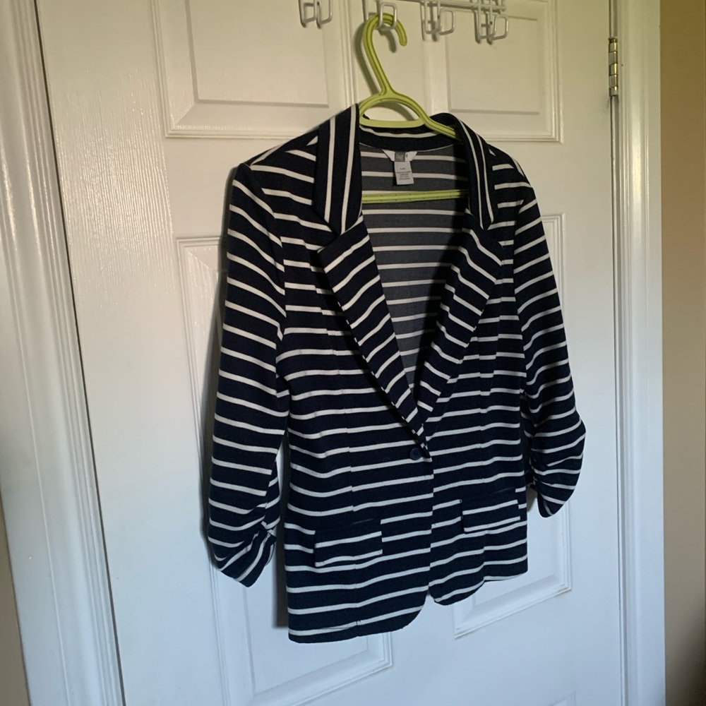 Tag Navy White Striped Blazer 1-Button Stretch Jacket Women’s Large